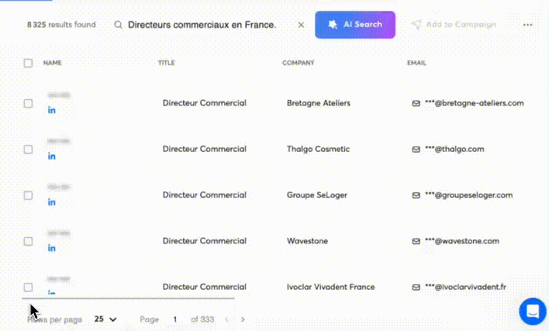 Le Lead Finder d'Instantly en action, de la requête aux résultats