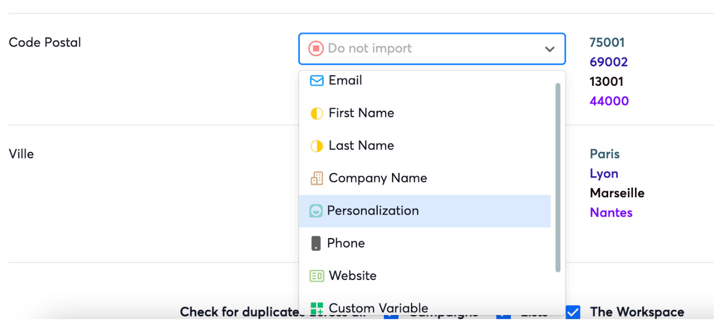 Les règles de matching des colonnes d'un fichier importé dans Instantly