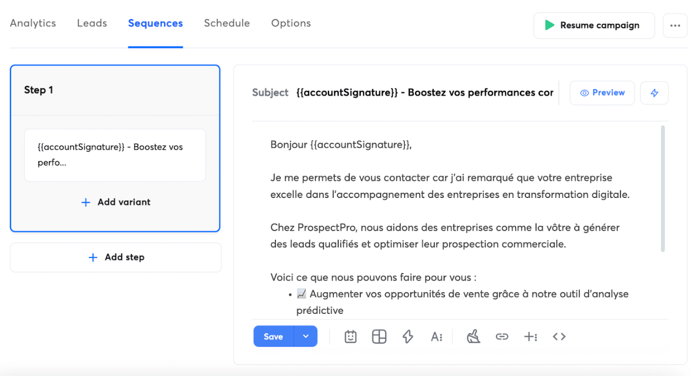 L'éditeur de séquence d'emails d'Instantly et ses variables de personnalisation