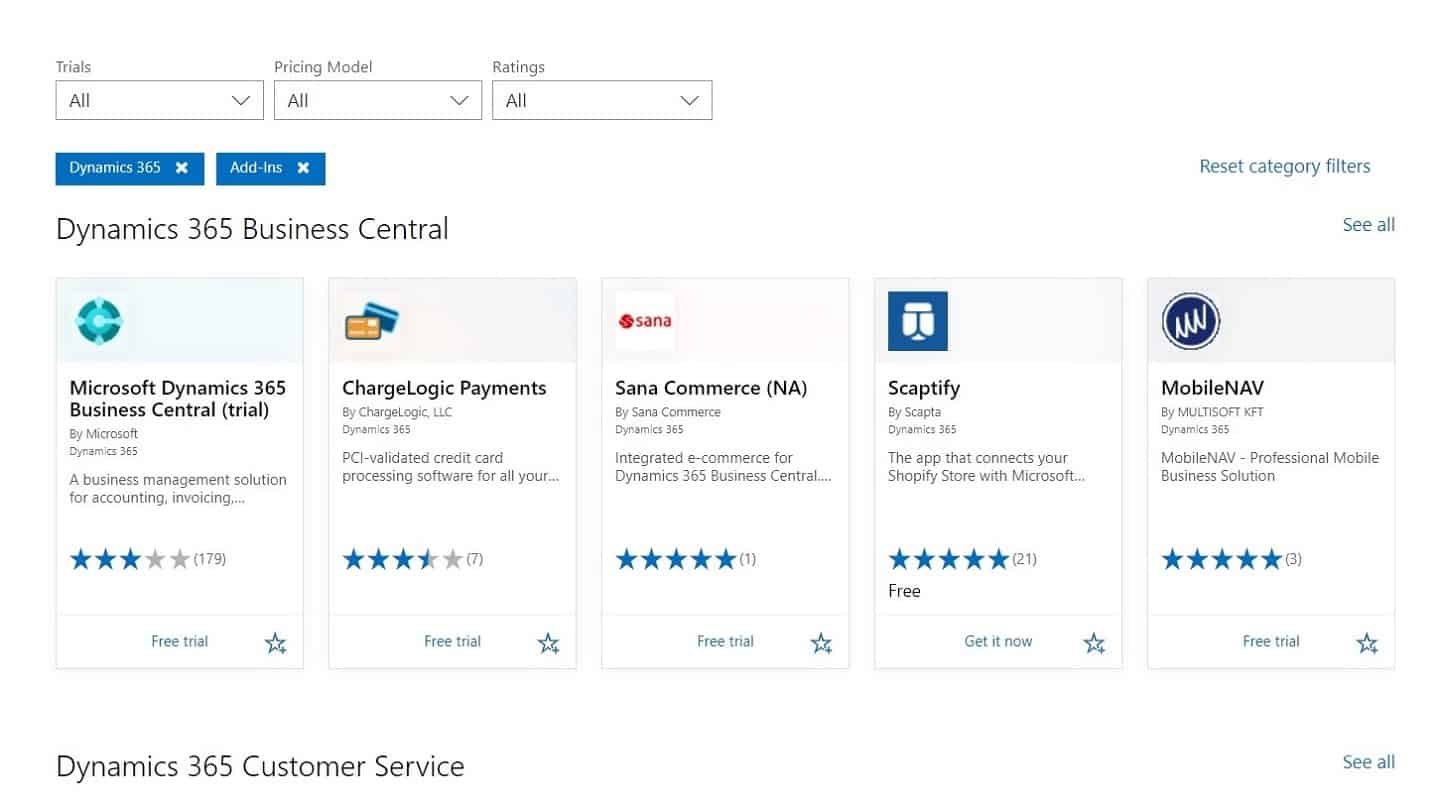 O marketplace AppSource filtrado nos módulos complementares do Dynamics 365, com suas notas e seus testes gratuitos