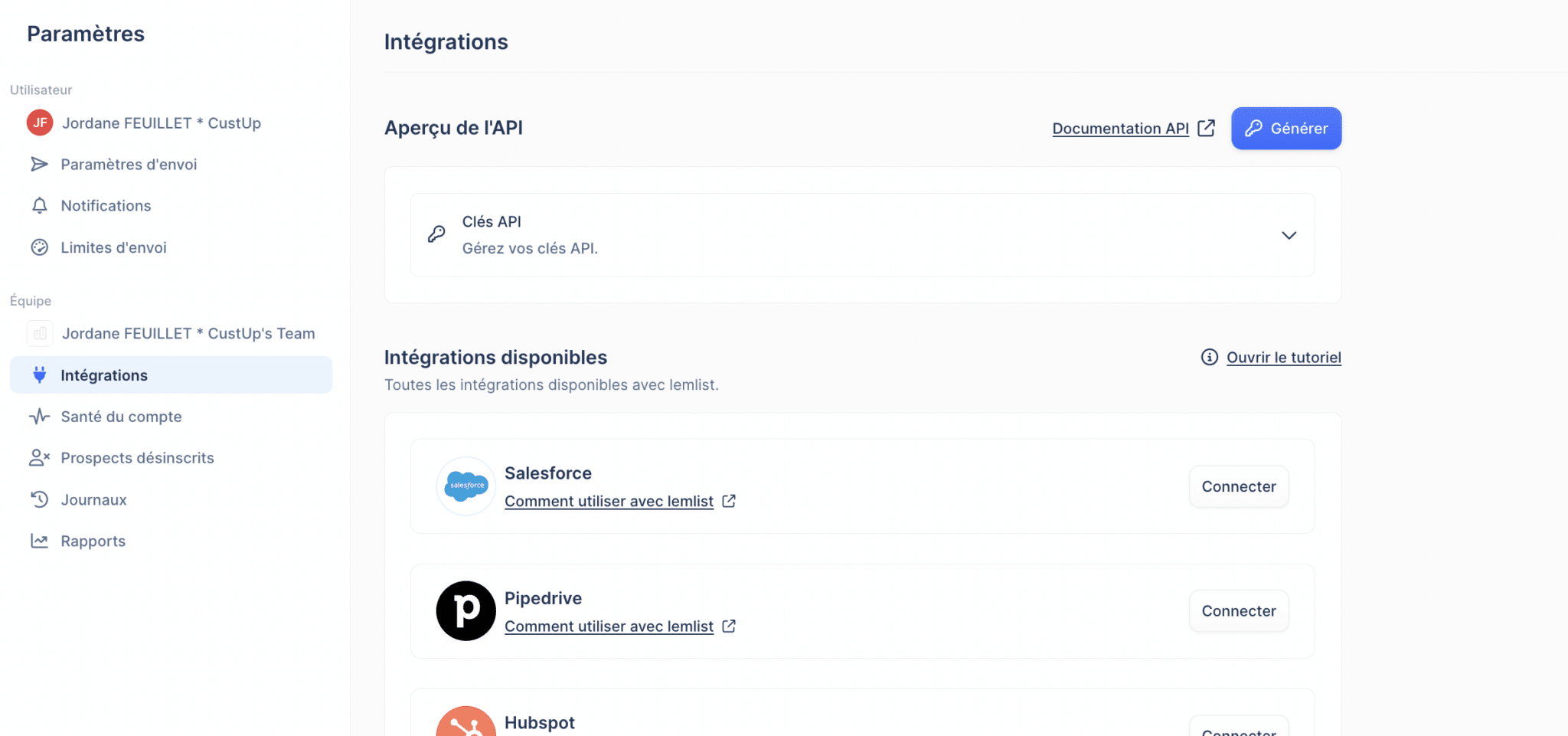 Configurações do lemlist: página Integrações com visão da API, chaves de API e integrações Salesforce, Pipedrive, Hubspot