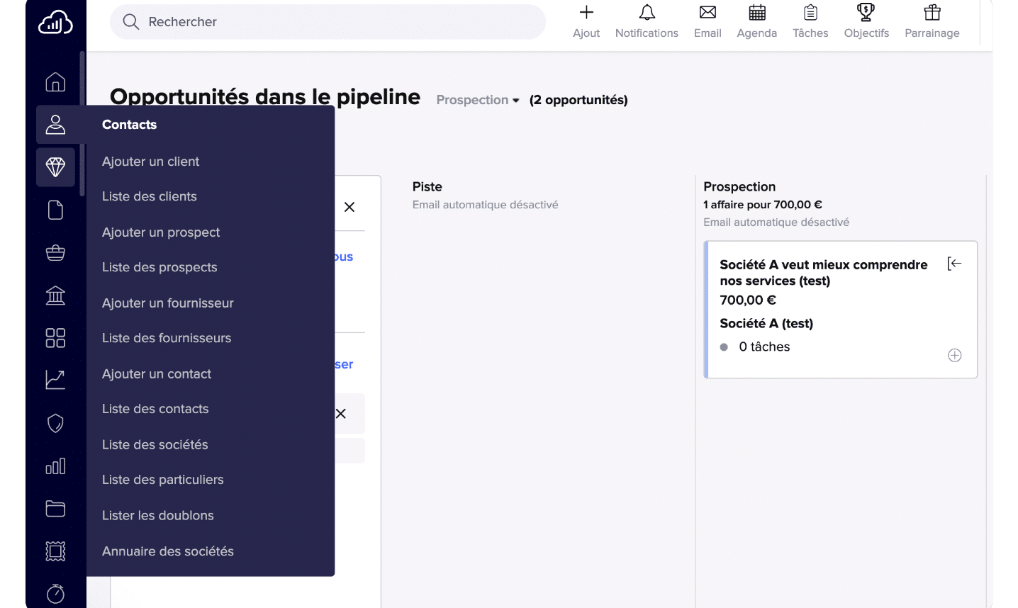 L'interface utilisateur de Sellsy et son menu de navigation latéral