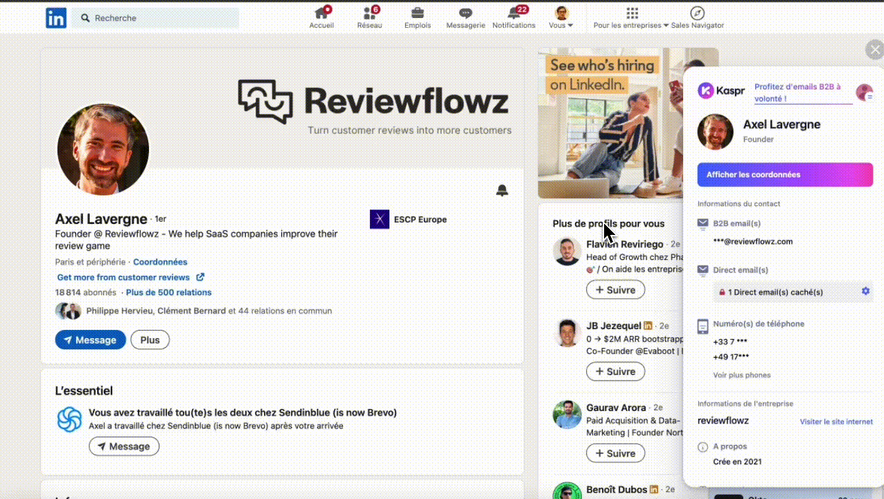 Extension Kaspr sur un profil LinkedIn affichant emails B2B, numéros de téléphone et infos de l'entreprise reviewflowz