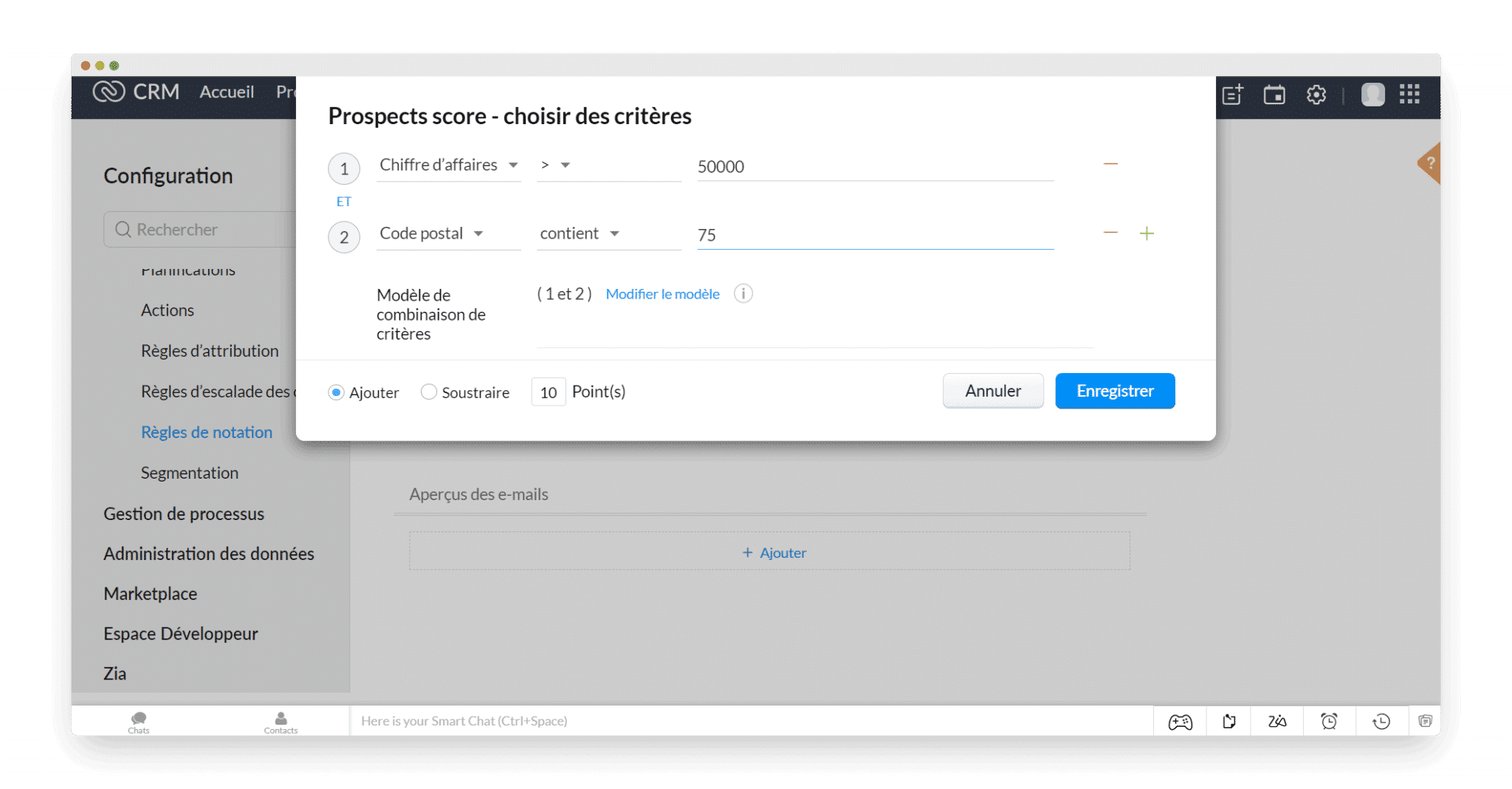 L'écran de configuration des règles de lead scoring dans Zoho CRM