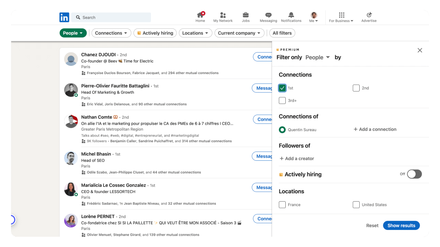 Recherche LinkedIn de personnes avec panneau de filtres Premium : relations 1er niveau, localisation, recrutement actif.