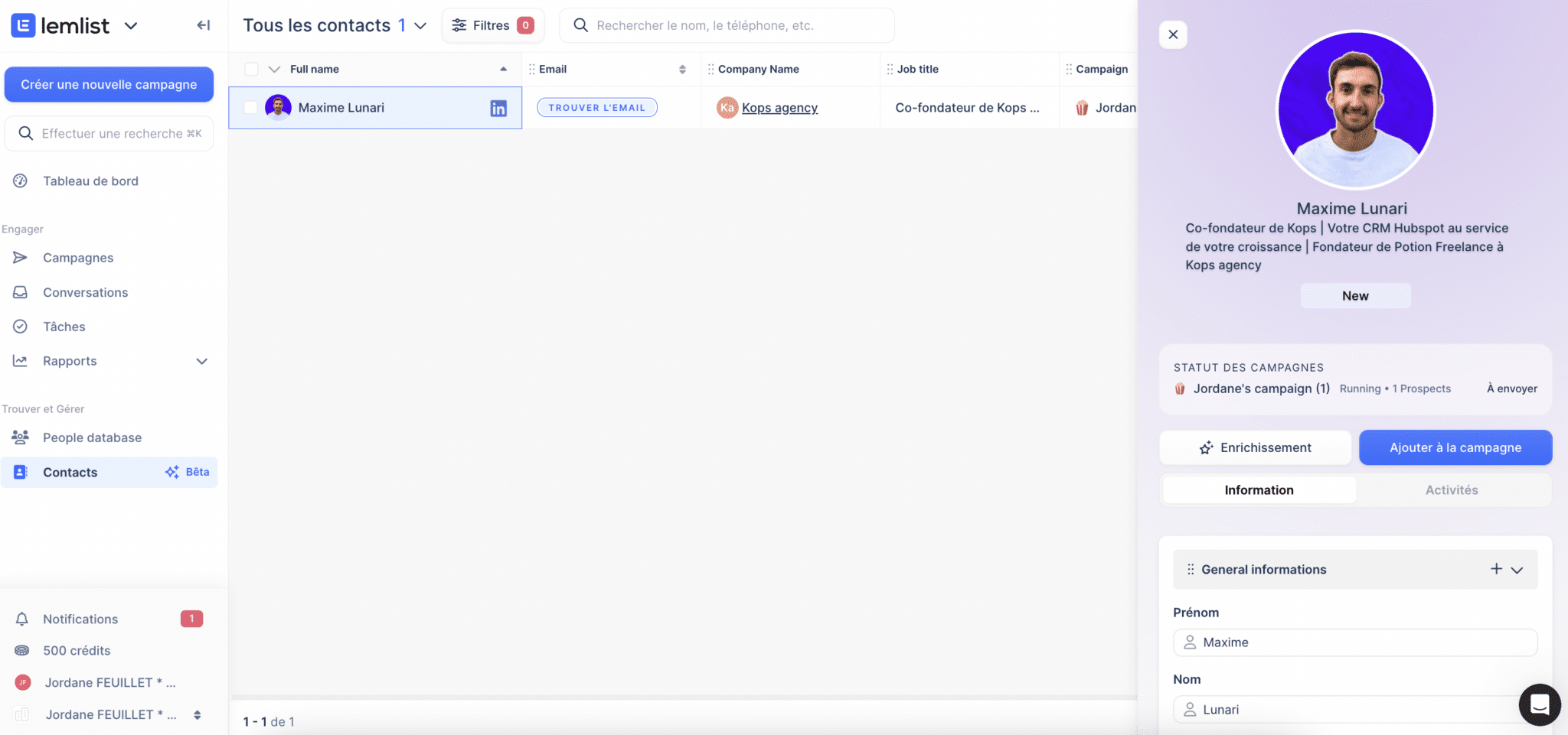 Ficha de contato do lemlist: Maxime Lunari, cofundador da Kops agency, status de campanha e informações gerais