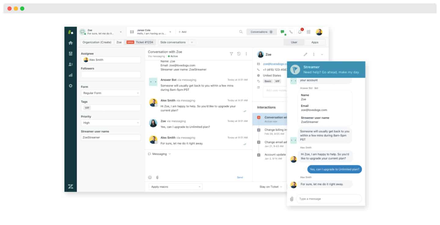 Interface de agente do Zendesk: ticket de conversa com Zoe, ficha do cliente e widget de chat Streamer