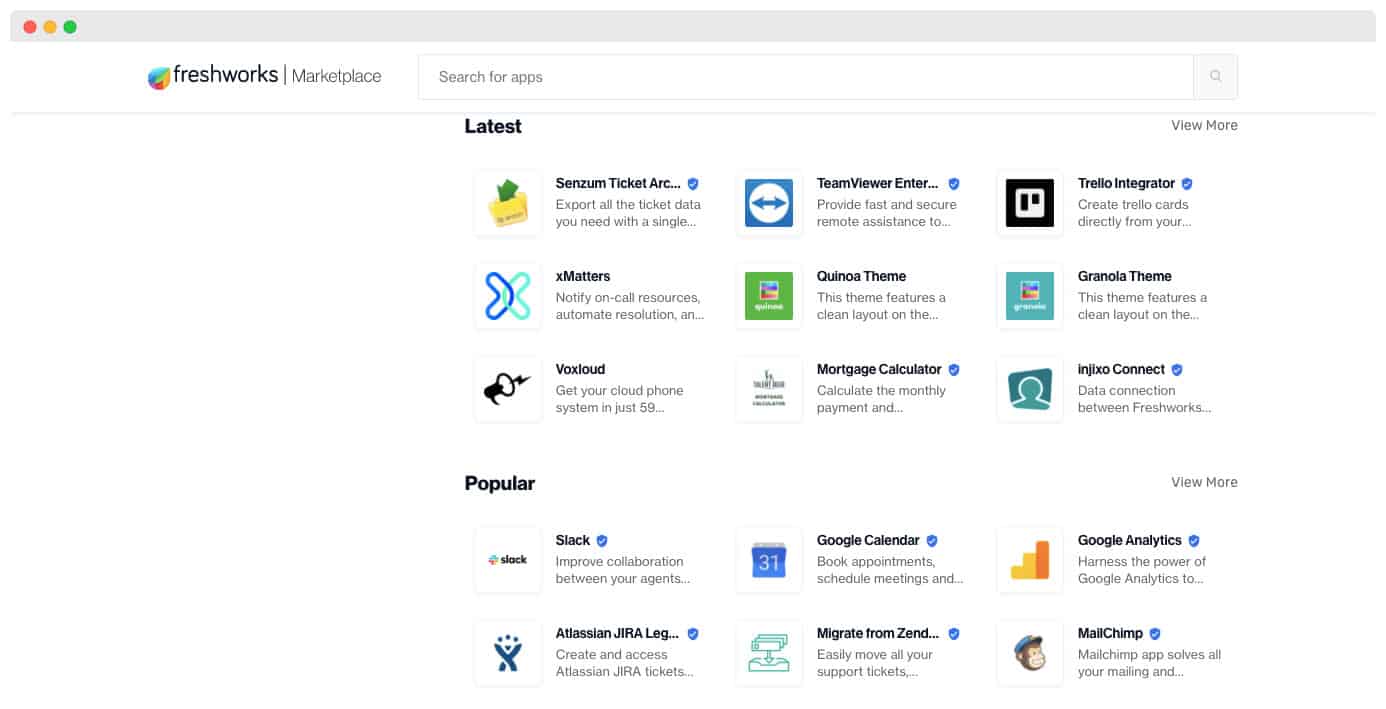 Freshworks Marketplace: seções Latest e Popular com aplicativos como Trello, Slack, Google Calendar e MailChimp