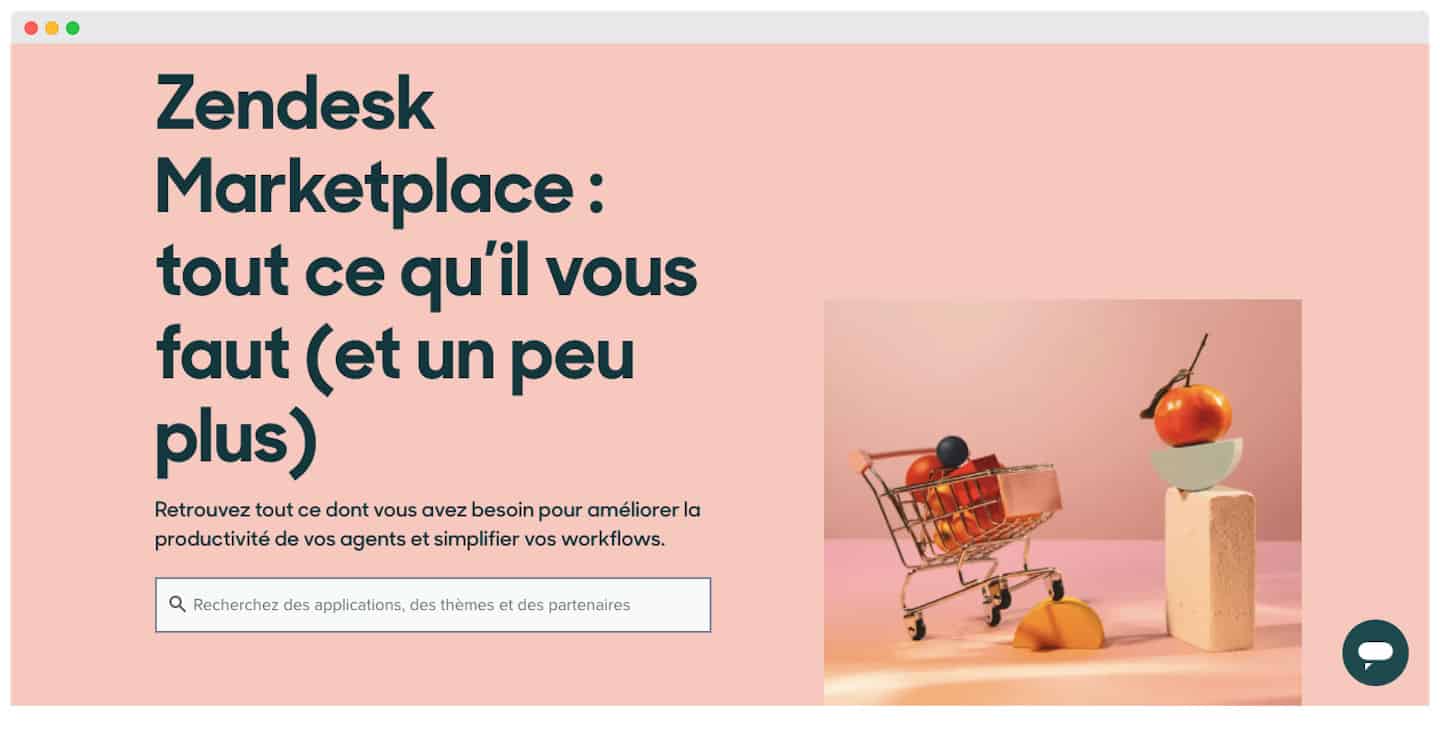 Página inicial do Zendesk Marketplace com barra de busca de aplicativos, temas e parceiros