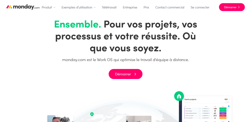 Página inicial do monday.com: slogan sobre trabalho em equipe a distância e quadro "Team's projects" com status