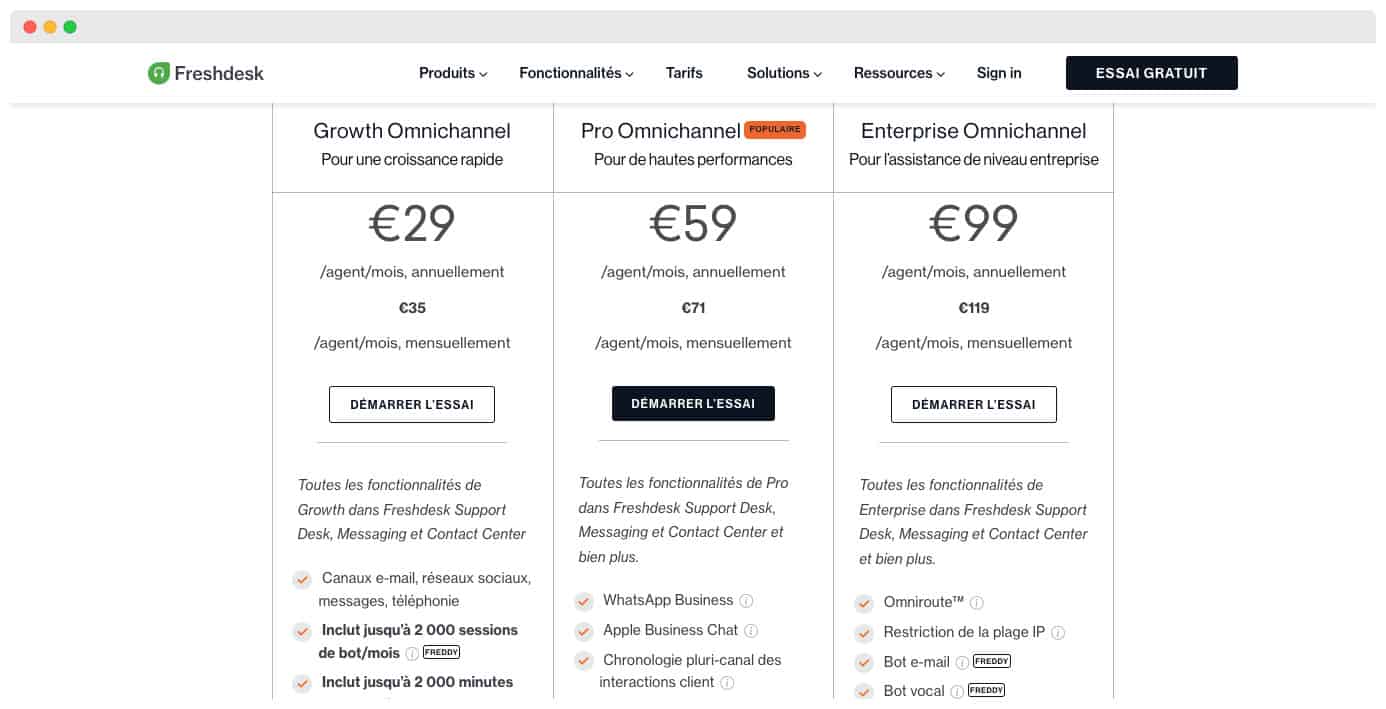 Preços do Freshdesk Omnichannel: Growth, Pro e Enterprise exibidos a 29 €, 59 € e 99 € por agente/mês na cobrança anual, e 35 €, 71 € e 119 € na mensal