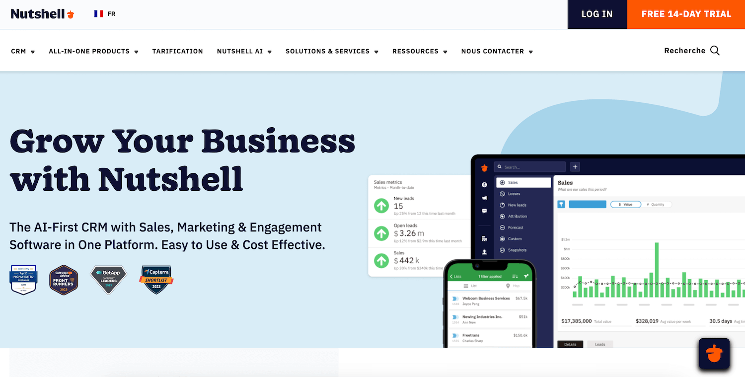 A página inicial do Nutshell, CRM pensado para as PMEs B2B