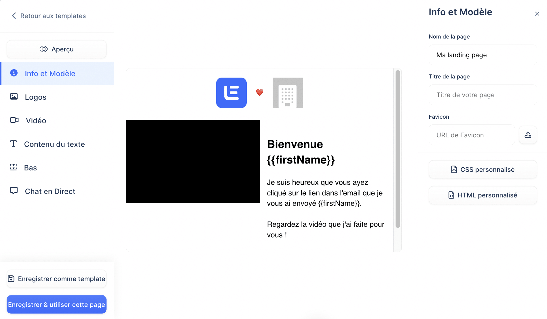 Editor de landing page do Lemlist: painel Info e Modelo com nome, título, favicon e prévia "Bem-vindo {{firstName}}".