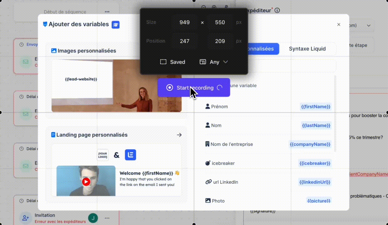 Janela "Adicionar variáveis" de uma ferramenta de prospecção: imagens personalizadas, landing page e variáveis {{firstName}}, {{picture}}
