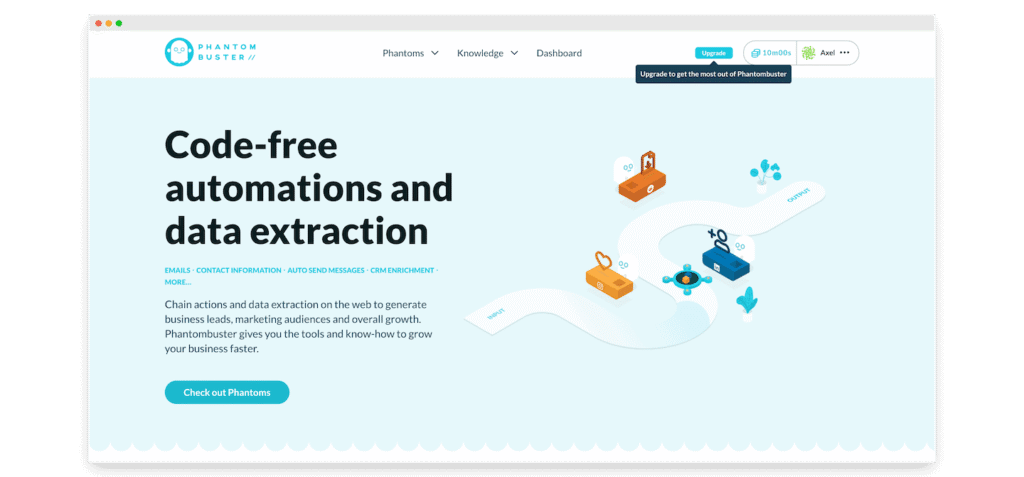 Página inicial do Phantombuster: "Code-free automations and data extraction" e botão Check out Phantoms