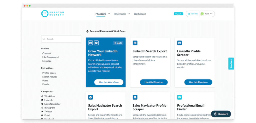 Interface do PhantomBuster: catálogo de Phantoms e workflows de LinkedIn, Sales Navigator e e-mail, com filtros.