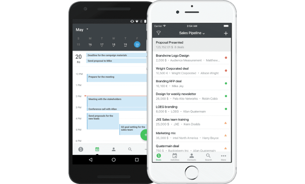 App móvel de CRM: agenda do dia no Android e pipeline de vendas "Sales Pipeline" com lista de deals no iPhone