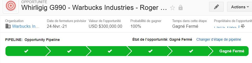 A barra de etapas do pipeline em uma oportunidade do Insightly, aqui no estágio Ganho Fechado, com seu valor e sua probabilidade