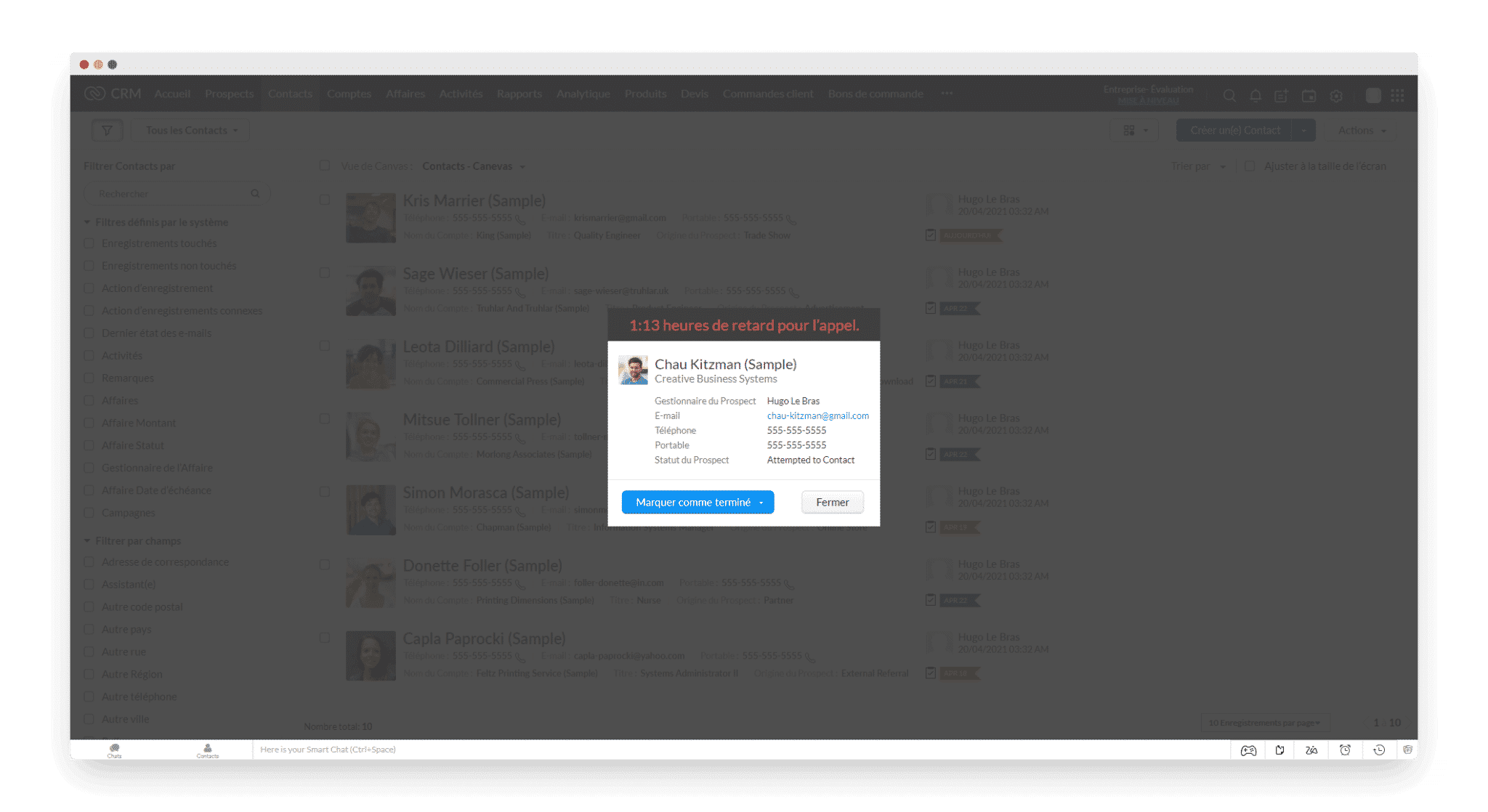 Un rappel d'appel automatique dans l'interface de Zoho CRM
