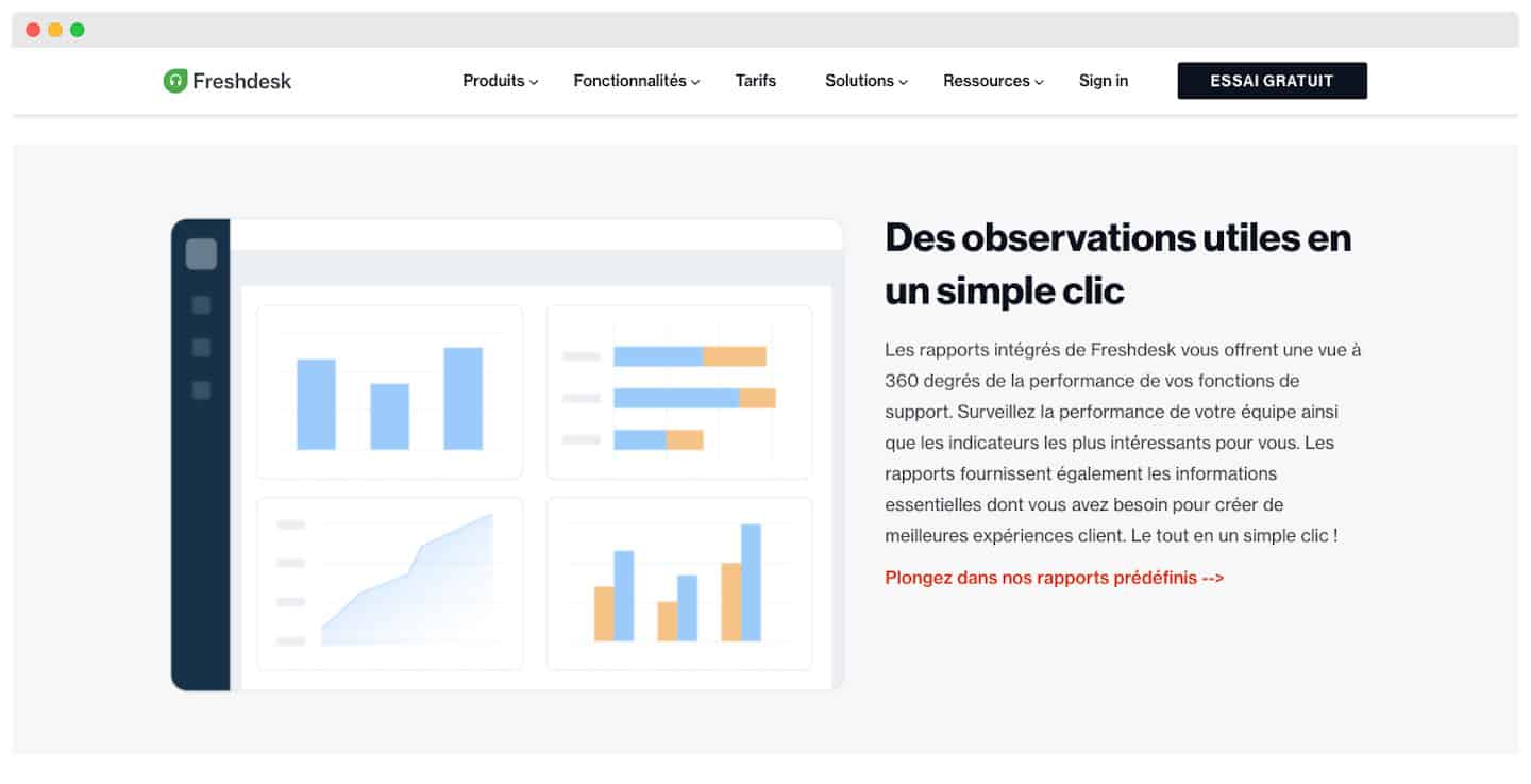 Página do Freshdesk mostrando seus relatórios integrados, com um painel formado por quatro gráficos