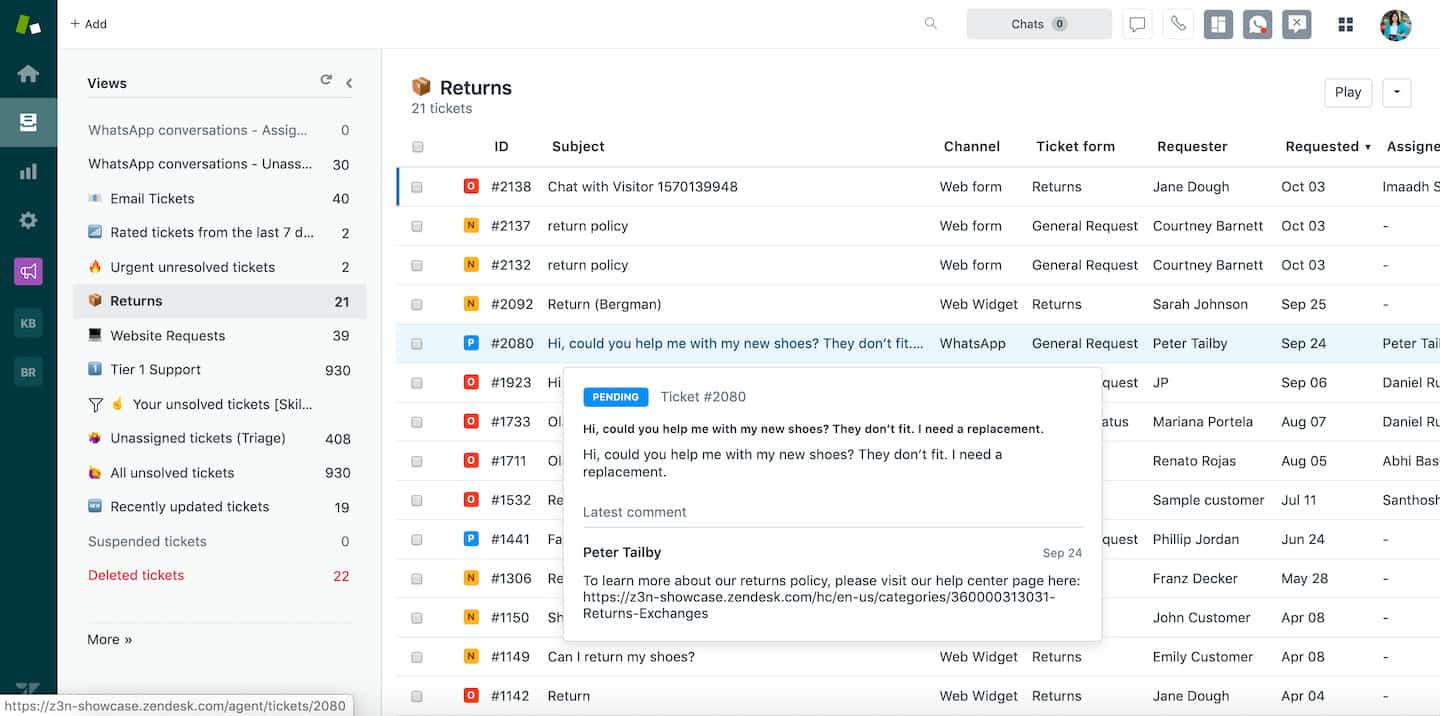 Interface do Zendesk, visão "Returns" com 21 tickets e prévia do ticket #2080 e seu último comentário