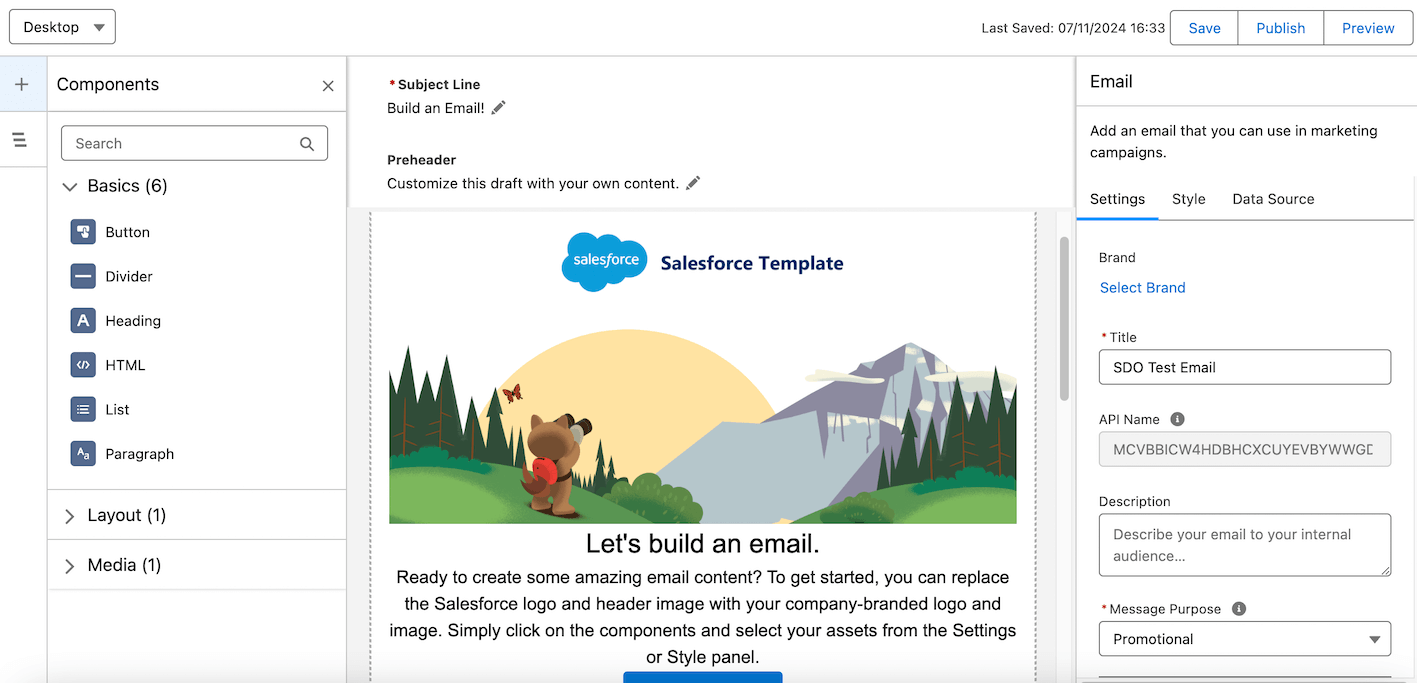 Editor de campanha de e-mail do Salesforce Starter