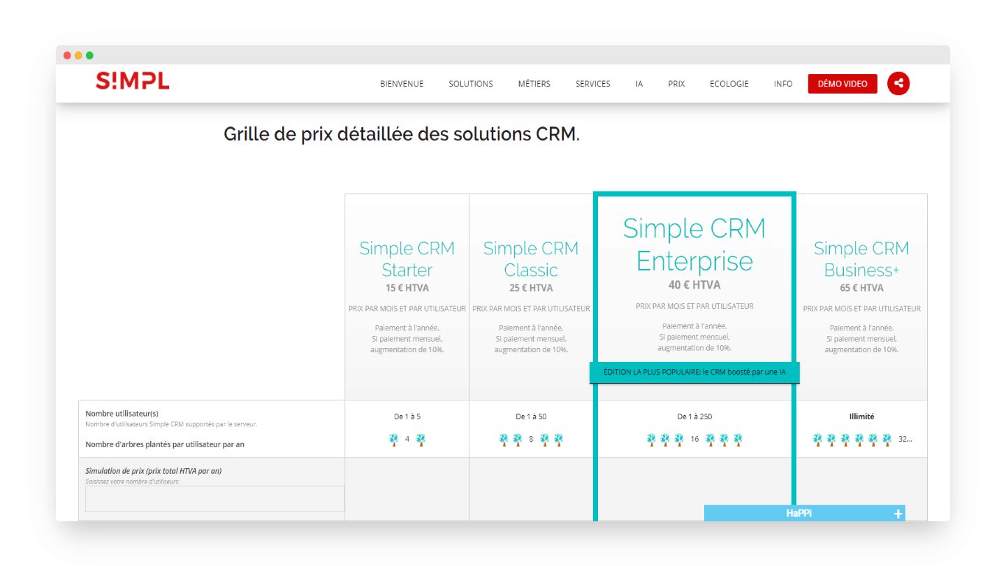 Tabela de preços do Simple CRM, das ofertas Starter a Business+