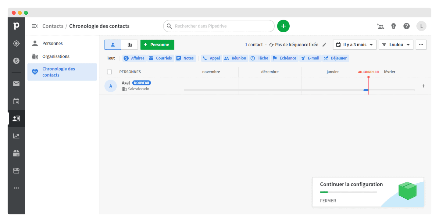 Pipedrive, cronologia dos contatos: o contato Axel da Salesdorado exibido numa linha do tempo de novembro a fevereiro.