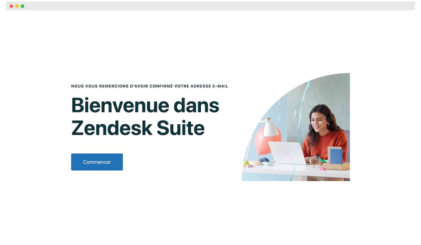 Página inicial do Zendesk Suite depois de confirmar o e-mail, com botão Começar e foto de uma atendente com headset