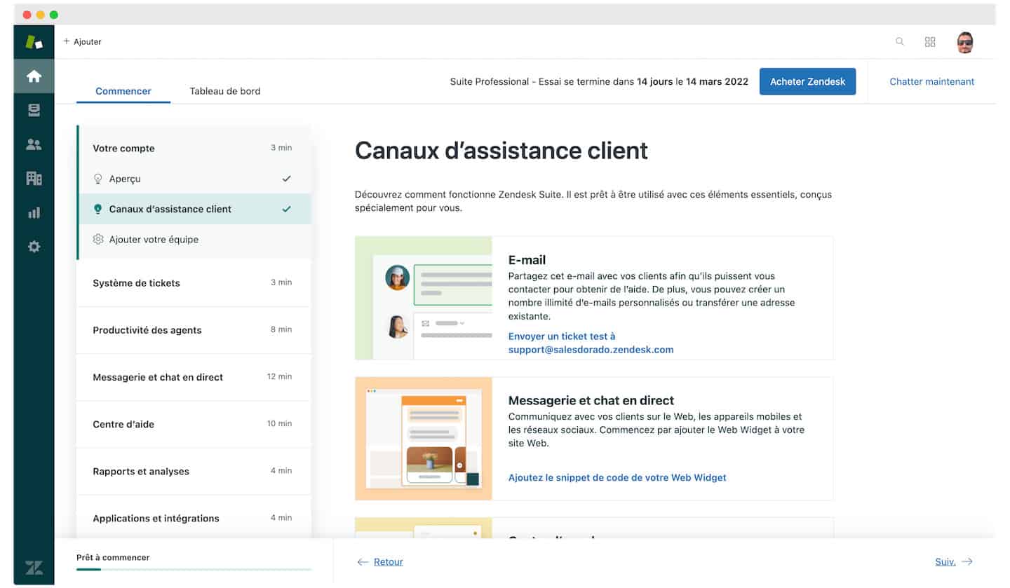 Zendesk Suite: tela de onboarding listando os canais de atendimento ao cliente (e-mail, mensageria e chat ao vivo)
