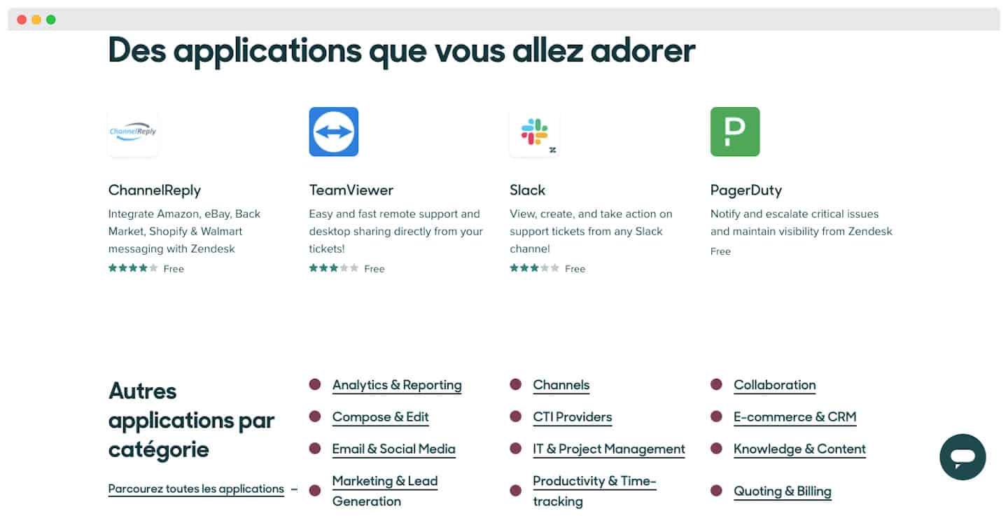 Marketplace de aplicativos do Zendesk: ChannelReply, TeamViewer, Slack, PagerDuty e categorias de apps