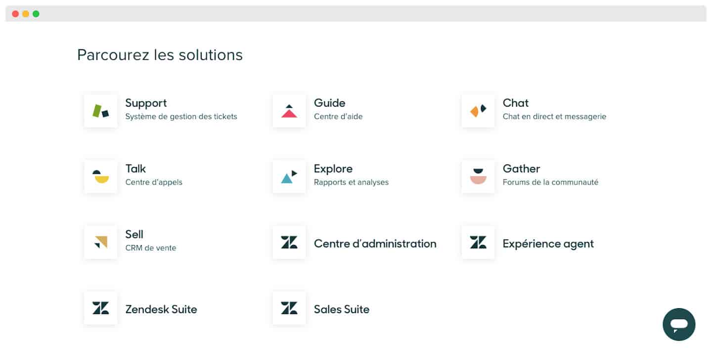 Tela « Explore as soluções » do Zendesk listando Support, Guide, Chat, Talk, Explore, Gather, Sell e as suítes