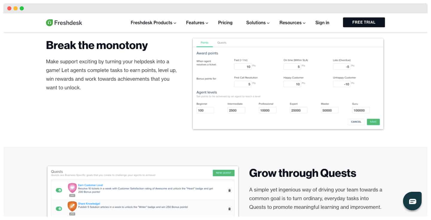 Site do Freshdesk: gamificação do helpdesk com atribuição de pontos, níveis de agentes e Quests para criar