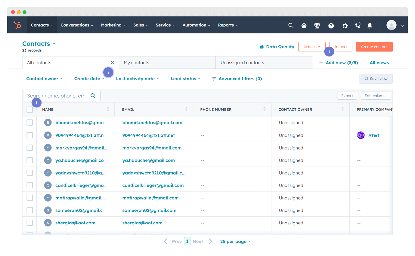La liste des contacts importés dans HubSpot CRM