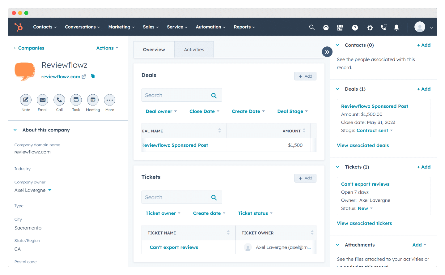 La fiche entreprise de HubSpot CRM et les contacts qui y sont rattachés