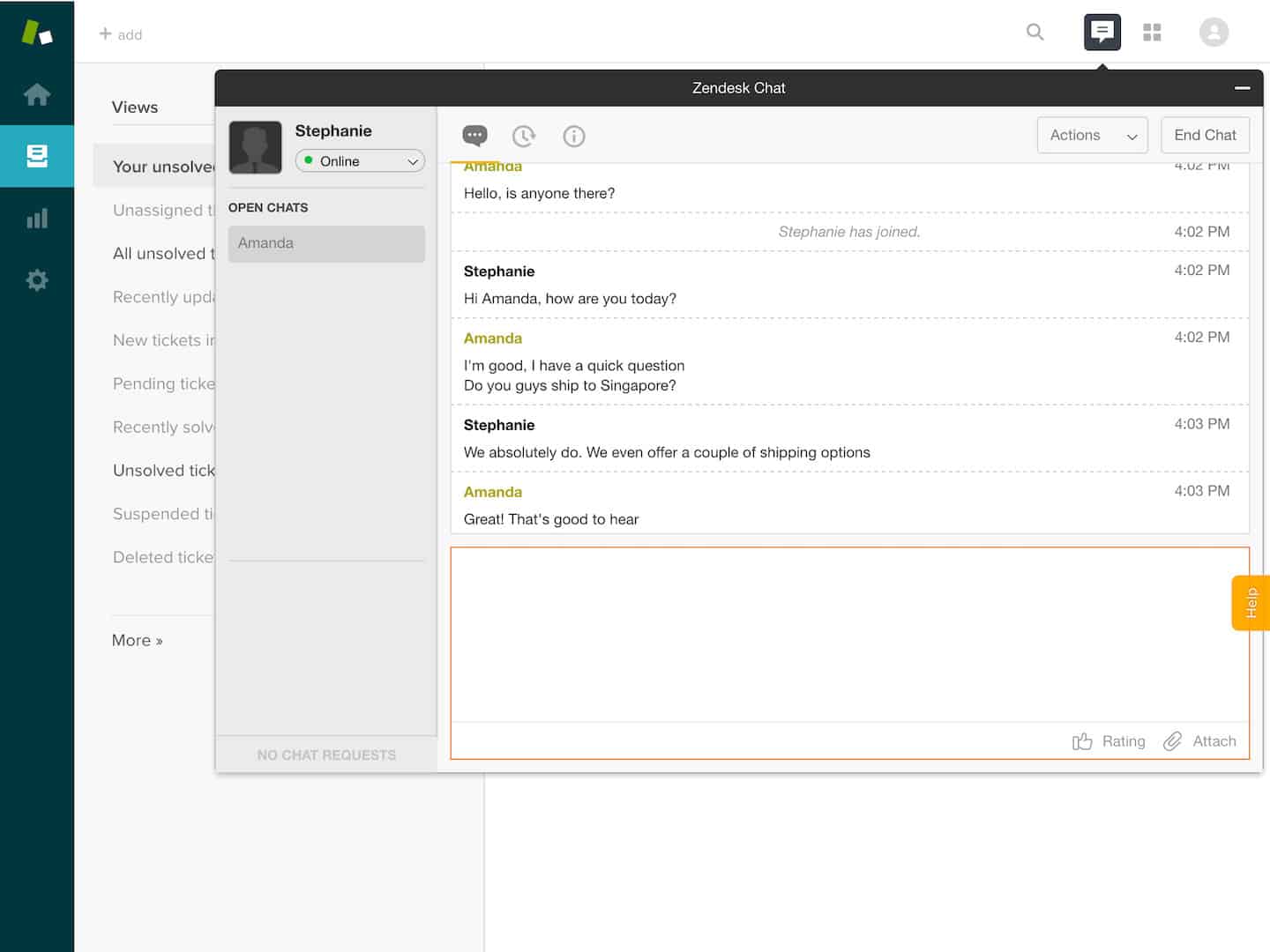 Zendesk Chat na interface do agente: conversa entre Stephanie e Amanda sobre uma entrega em Singapura