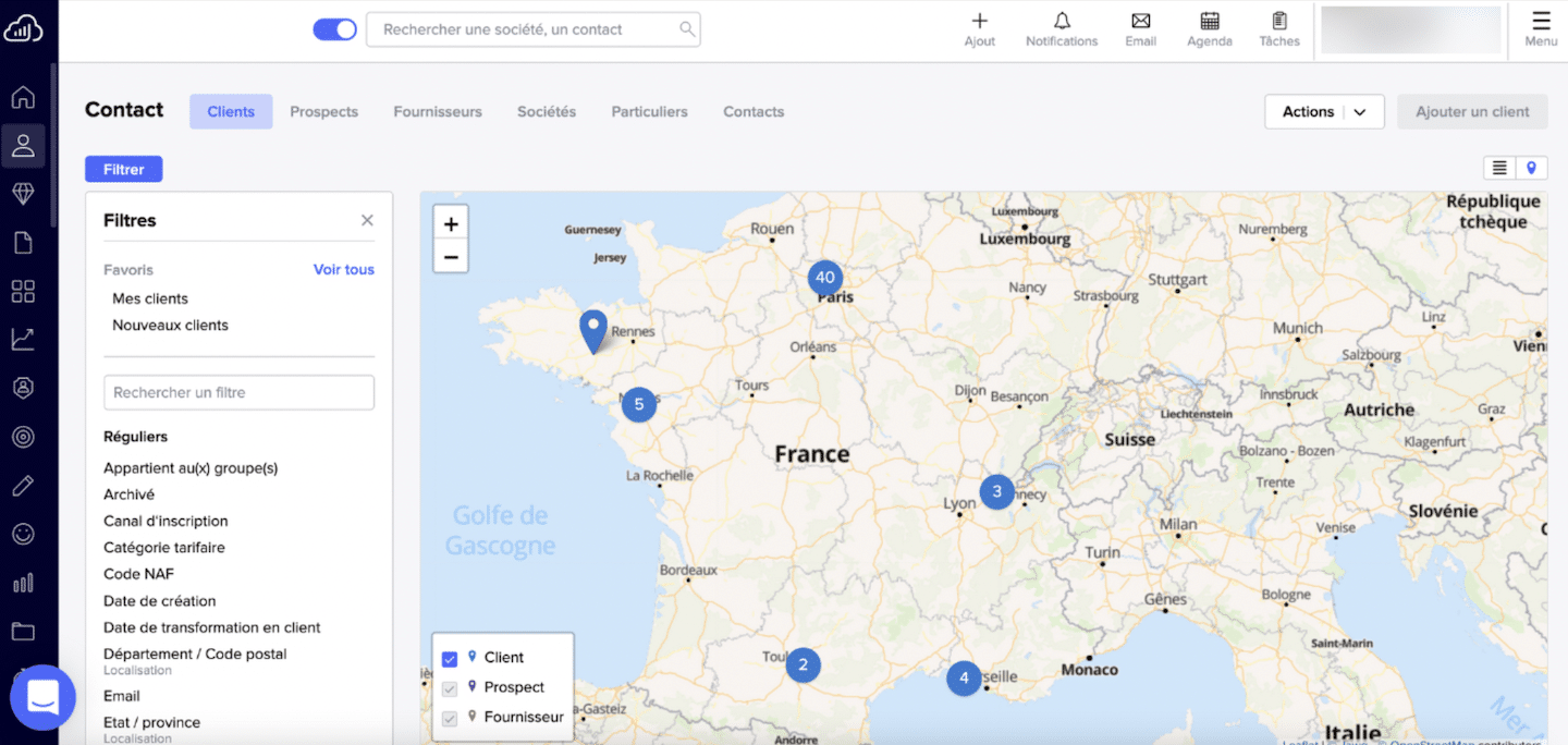 Un rapport de prospection Sellsy avec la répartition géographique des comptes