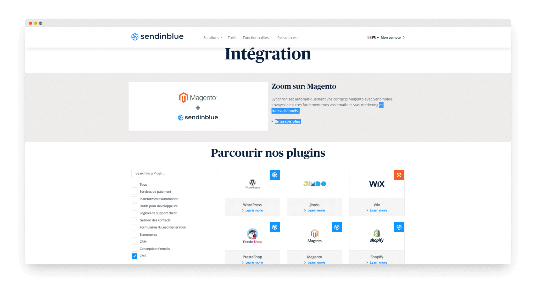 Page Intégration de Brevo, alors Sendinblue, filtre CMS coché : plugins WordPress, Jimdo, Wix, PrestaShop, Magento et Shopify