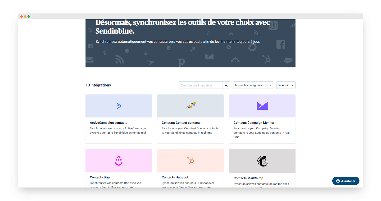 Répertoire de 13 intégrations Brevo, alors Sendinblue : ActiveCampaign, Constant Contact, Campaign Monitor, Drip, HubSpot et MailChimp