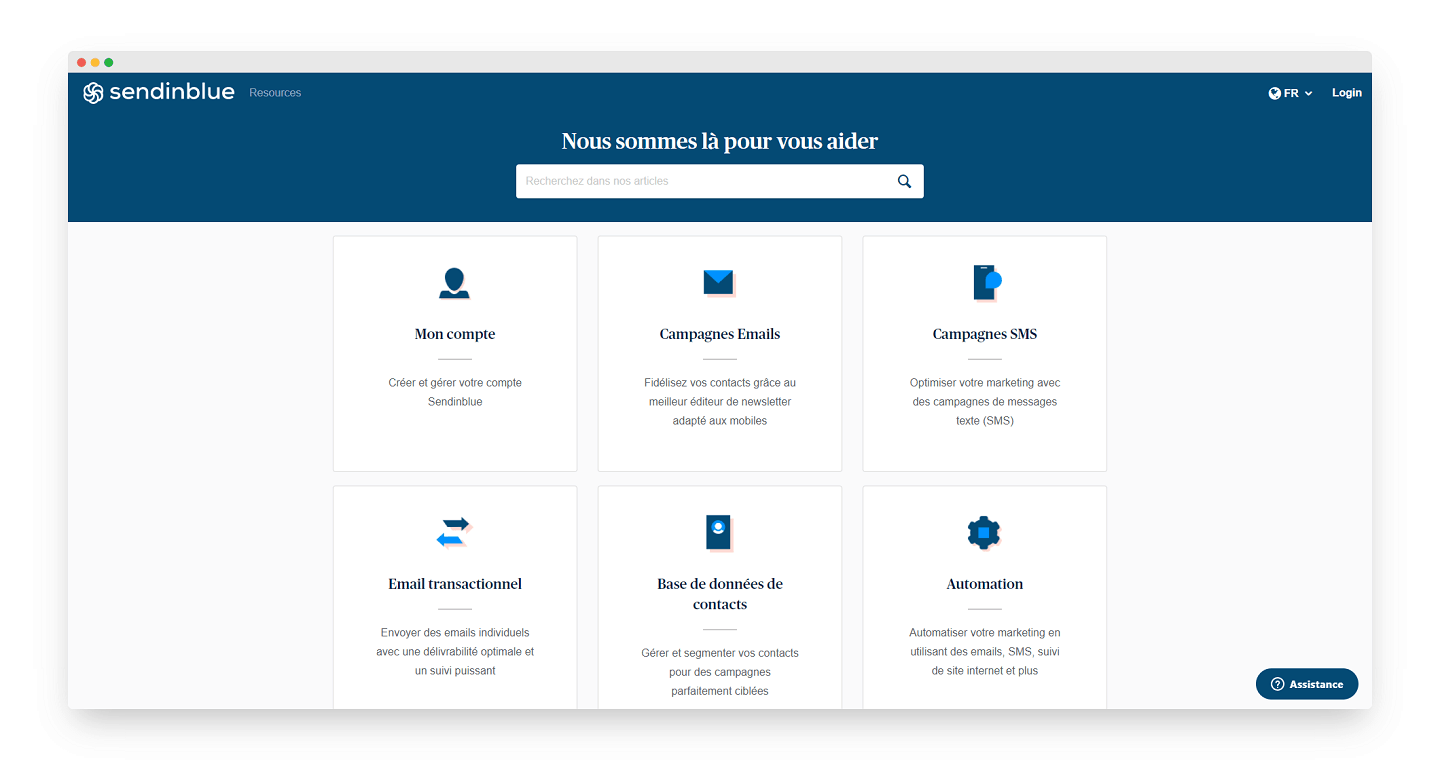 Centre d’aide Brevo, alors Sendinblue : « Nous sommes là pour vous aider », rubriques Mon compte, Campagnes Emails, Campagnes SMS, Email transactionnel, Base de données de contacts et Automation