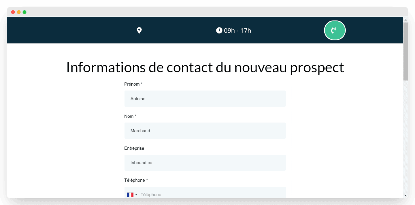 Le formulaire de capture de leads créé dans Twilead