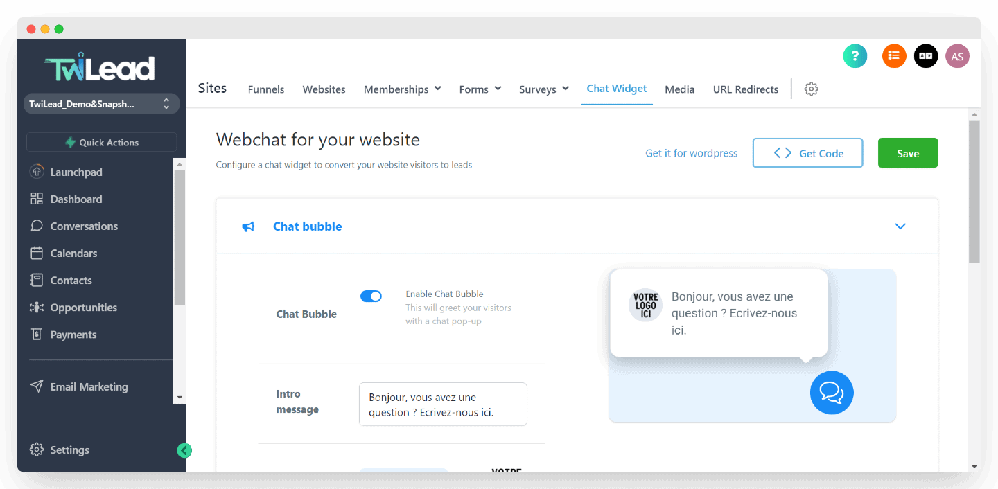 Le widget de live chat proposé par Twilead