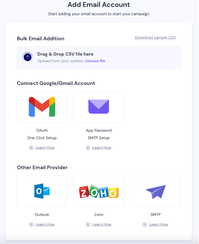 L'ajout d'un compte email dans Smartlead, via Gmail, Outlook ou Zoho
