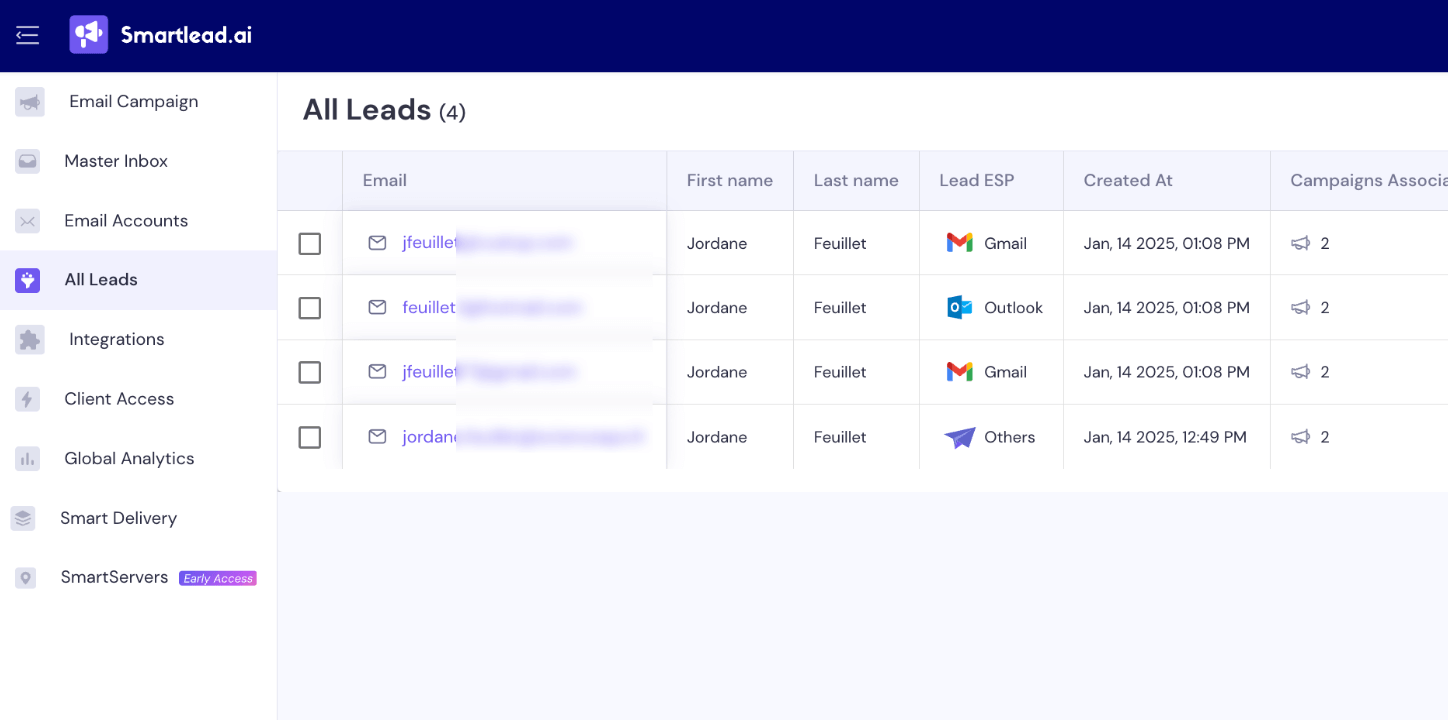 Le menu All Leads de Smartlead, qui liste tous les contacts importés