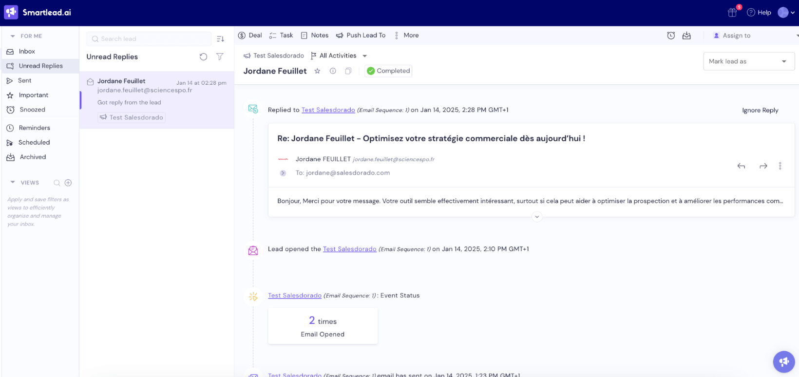 La Master Inbox de Smartlead, qui centralise les échanges de toutes les boîtes d'envoi