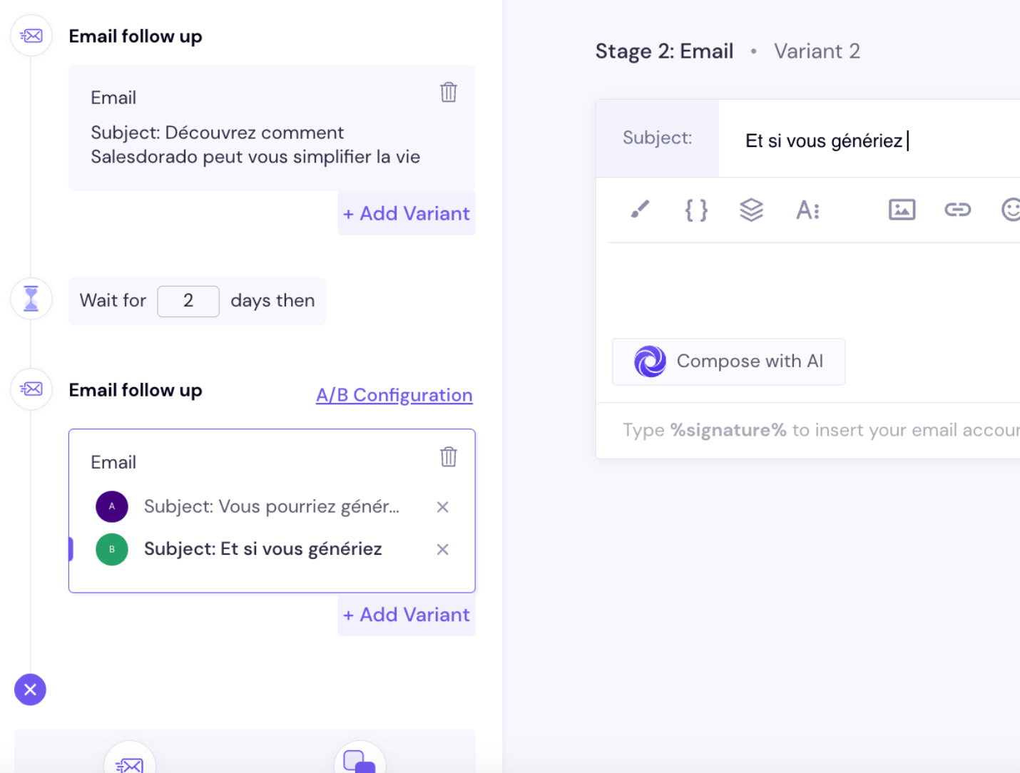 Les variantes d'objet d'un email dans une séquence Smartlead