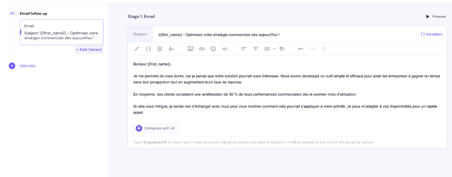 L'éditeur de séquence d'emails de Smartlead et son délai en jours entre deux envois