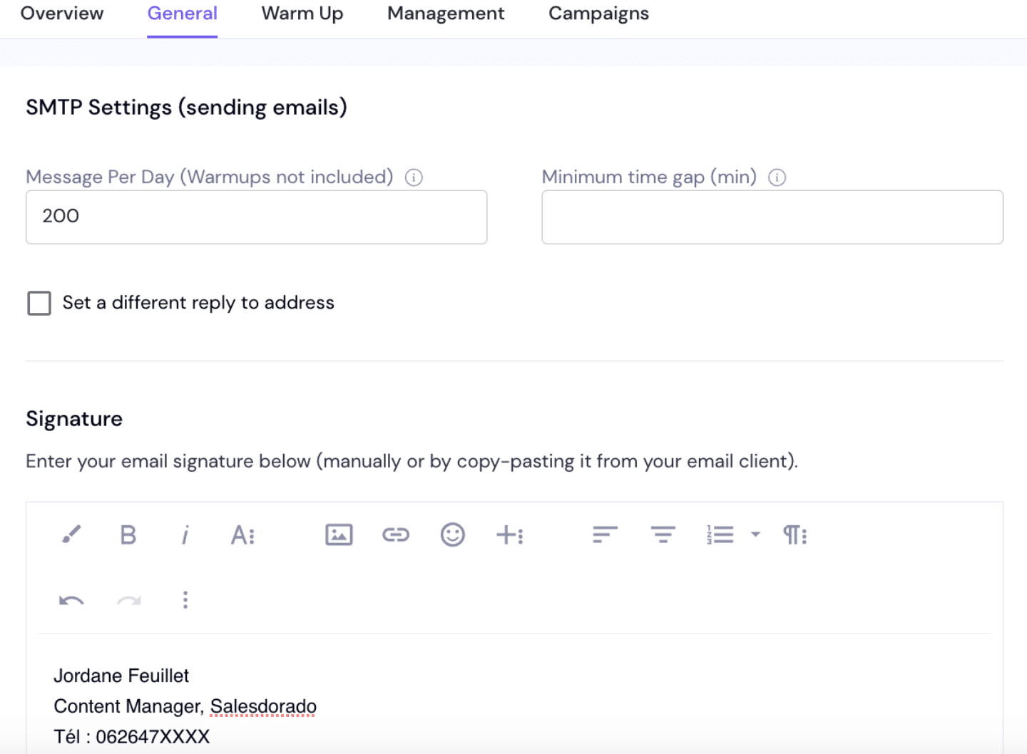 Les paramètres SMTP et les seuils d'envoi quotidiens d'une adresse dans Smartlead