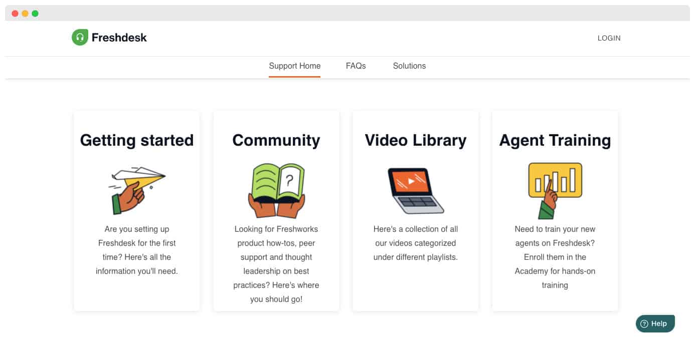 Portal de ajuda do Freshdesk com quatro blocos: Getting started, Community, Video Library e Agent Training