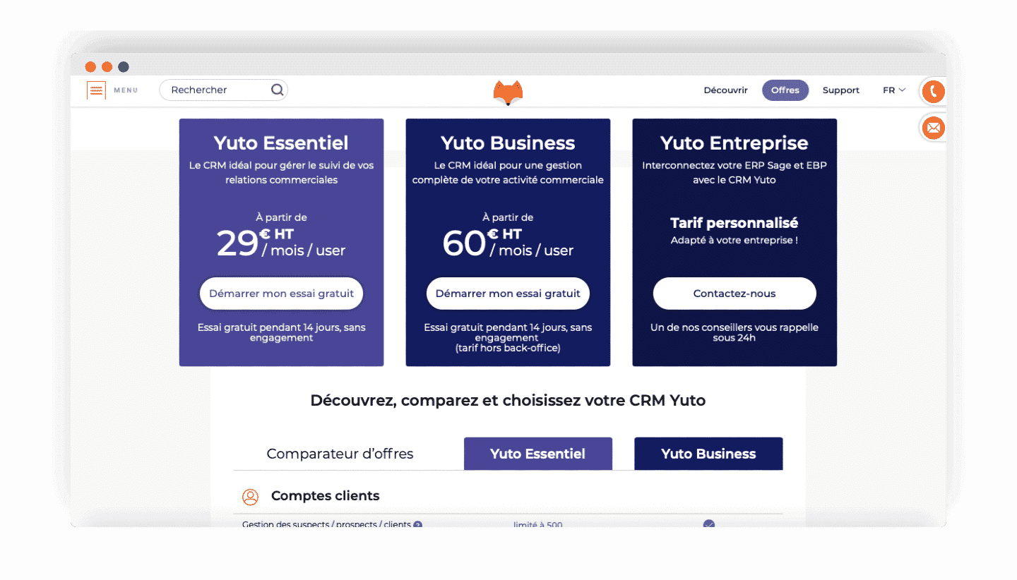 Tabela de preços do Yuto: planos Essentiel, Business e Entreprise